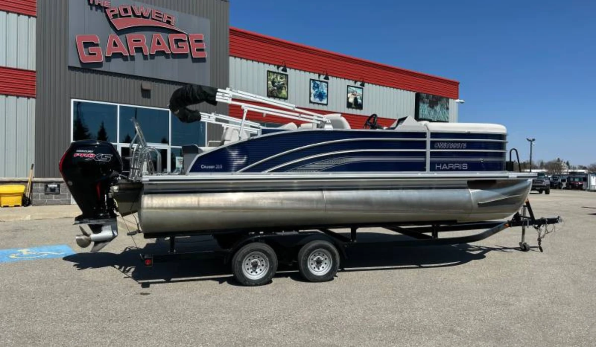 Pontoon Boat for Sale Woodstock ON Pontoon boat on trailer outdoors at The Power Garage, Woodstock Ontario